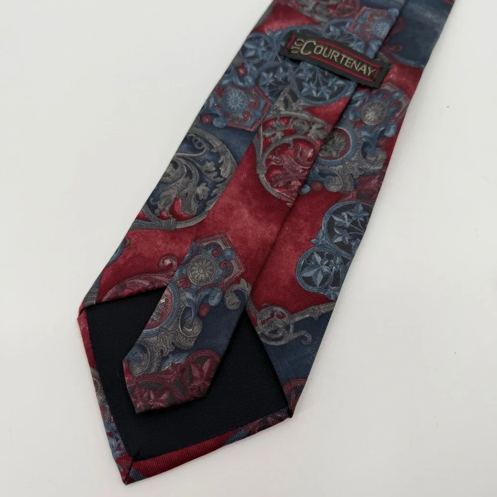 Vtg 90s Courtenay Tie Mens Silk Red Blue Gray Ornate Medallion Baroque Abstract